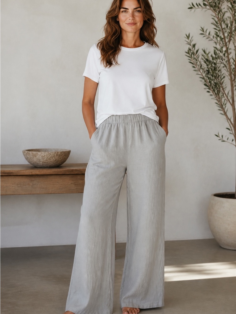 H&M Wide-Leg Linen-Blend Pants in Light beige drawstring elastic  size xs